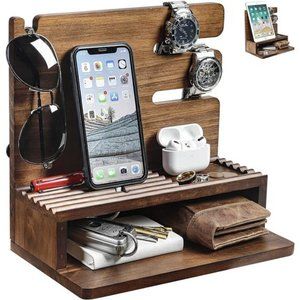 Solid Wood Charging Station Storage/Nightstand Organizer for Multiple Devices